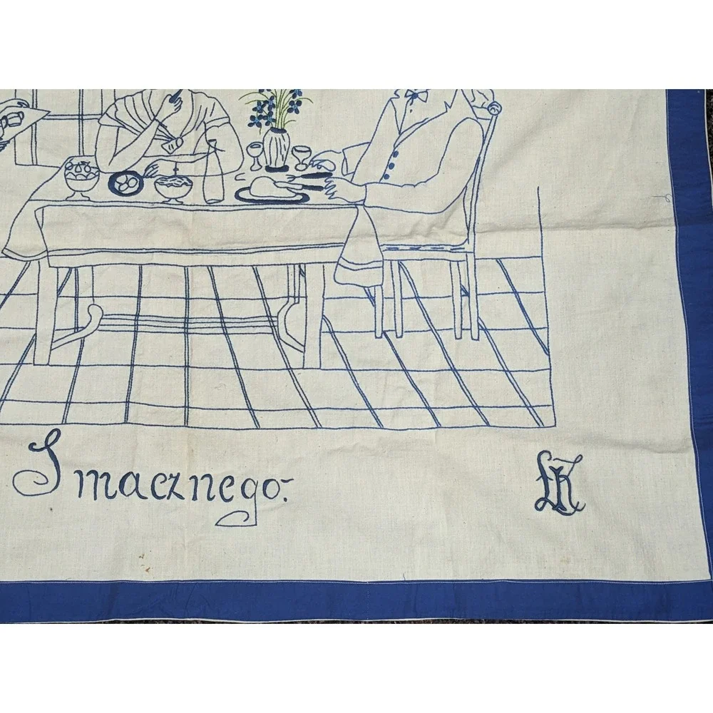 Vintage Polish Smacznego Hand Embroidered Wall Hanging Blue White Folk Art 35x24